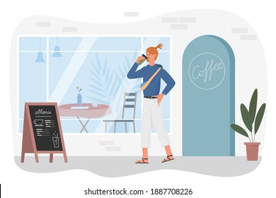 Man drinking takeaway coffee flat vector illustration. Cartoon young male hipster character standing next to coffeehouse, coffee shop or cafe, guy holding cup of hot drink beverage isolated on white