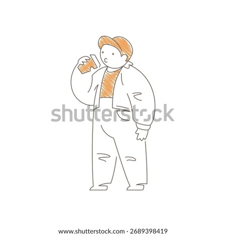 Man drinking takeaway coffee in a relaxed pose. Calm satisfied expression and tilted head convey peaceful coffee break, simple pleasure and beverage enjoyment moment. Line art vector illustration