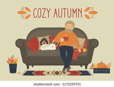 Man drinking tea or coffee on sofa at home. Cozy home. Cat sleeping on couch. Original vector illustration.