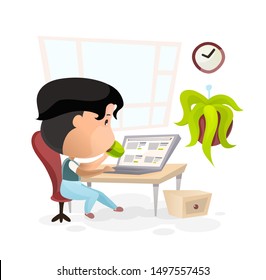Man, drinking tea or coffee and reseaching something in the Internet. Concept for home office, remote job or education, online shopping, surfing in the Internet. Vector illustration in flat cartoon st