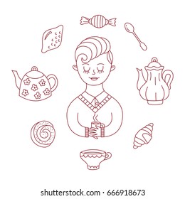 Man drinking tea coffee sweets circle child boy cute male portrait with tea cup