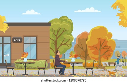 Man drinking tea from cup in empty cafe, autumn season vector. Person walking dog, cat approaching to customer. Building and trees with foliage leaves