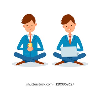 Man drinking tea from cup and working on laptop vector. People active in business, businessman wearing suit with tie. Director and manager at work