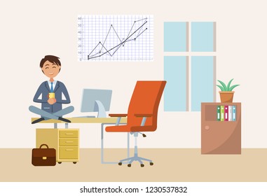 Man drinking tea on break in office, businessman having rest vector. Director with cup of warm beverage. Director manager in room, happy employee