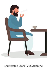 Man drinking tea in saucer flat vector illustration