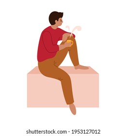 A man is drinking tea while holding a cup of hot beverage. Vector flat design illustration isolated on white background.