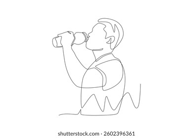 Man drinking water from a bottle. Drinking water concept one-line drawing