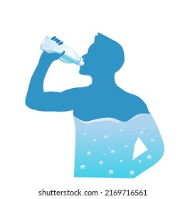  Man drinking water from bottle flow into body. hydration Illustration  