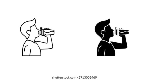 Hombre bebiendo agua de un conjunto de iconos de botella, que muestra versiones de contorno y silueta, aislado en