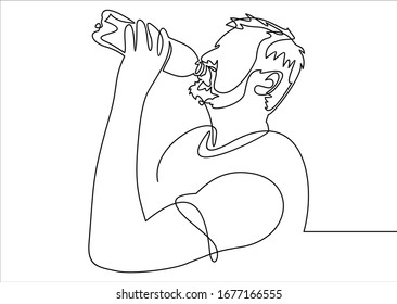  Man Drinking Water From A Bottle.Continuous One Line Drawing. 