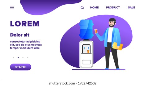 Man drinking water at cooler. Office employee, worker, work break flat vector illustration. Beverage, refreshment, watercooler concept for banner, website design or landing web page
