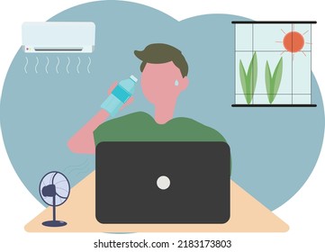 Man drinking water in front computer. Vector illustration 