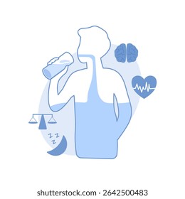 Man drinking water for hydration, health and self care. Flat style wellness concept with brain, heart, sleep icons. Isolate on a white background.