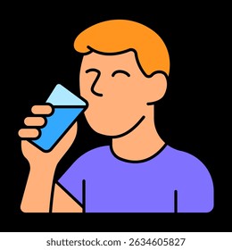 Hombre bebiendo icono de agua. Persona sonriente que sostiene el vaso, símbolo de hidratación y alivio de la sed.