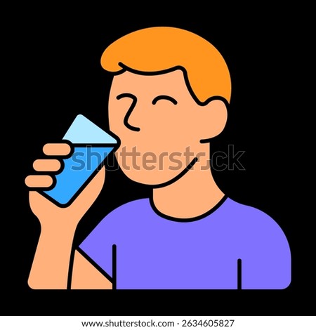 Man drinking water icon. Smiling person holding glass, symbol of hydration and thirst relief.
