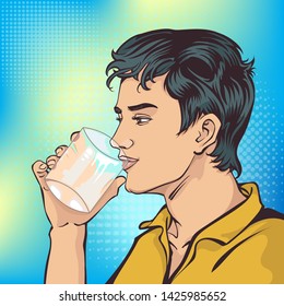 A man is drinking water. Illustration style pop art retro cartoons comic vector. Man and background images separately