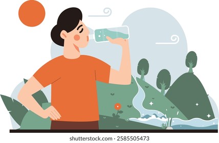 A man drinking water from nature. with a colorful flat design concept. to encourage environmental protection.