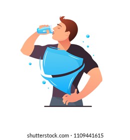 Man is drinking water. Protection of the body Normal water level for human body. Coronavirus outbreak 