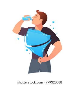 Man is drinking water. Protection of the body Normal water level for human body