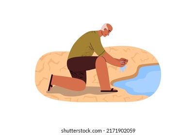 Man drinking water from puddle or river, drought soil - flat vector illustration isolated on white background. Water scarcity, poverty and climate change posters. Lack of drinking water.