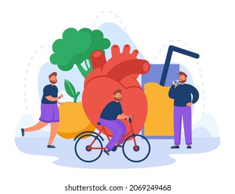 Man Drinking Water, Riding Bicycle, Jogging On Healthy Food And Giant Heart Background. Tiny Person Doing Sport And Eating Diet Food Flat Vector Illustration. Health And Life Care, Lifestyle Concept