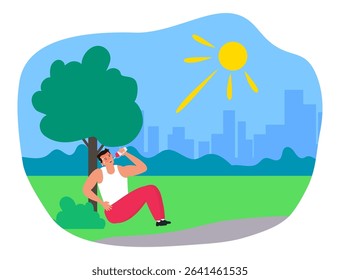 man drinking water  sitting under the tree summer heatstroke first aid thirsty dehydration vector illustration