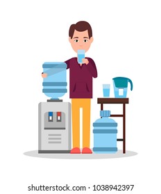 Man drinking water, standing by cooler and containers with liquid, good habits and right lifestyle, bottle and glass, isolated on vector illustration