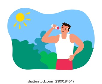 hombre agua potable verano golpe de calor primeros auxilios deshidratación sedienta ilustración vectorial