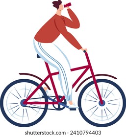 Man drinking water while riding a red bicycle. Casual cyclist hydrating on bike ride. Healthy lifestyle and fitness routine vector illustration.