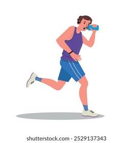 homem bebendo água enquanto corre, reabastecendo a hidratação, esportista incorporando vitalidade e resistência. Desenho Animado People Vetor Illustration.