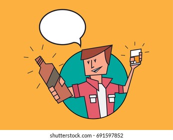 Man drinking whiskey bottle and whiskey glass. Party, Celebration, Drinking Concept. Vector illustration with Speech bubble concept. Alcohol, liquor drinking concept.