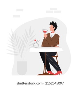 Mann trinkt Wein im Café. Getränkeservice, Menücafeteria einzelne Illustration