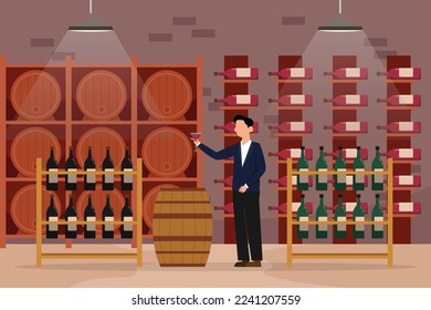 Hombre bebiendo vino en la bodega de vino 2d concepto de ilustración vectorial para banner, sitio web, ilustración, página de aterrizaje, volante, etc.