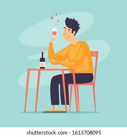 Man is drinking wine. Flat design vector illustration.	