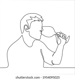 man drinking wine from a glass - one line drawing vector. profile of a man with a glass in his hands sipping a drink. sommelier, wine gourmet, alcoholic concept