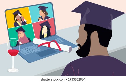 Man drinking wine at home while graduation. Online party poster.