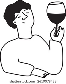 Man Drinking Wine. Line Drawing Doodle