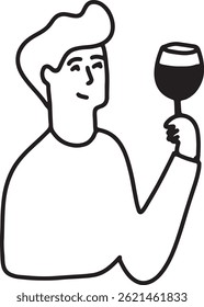 Homem bebendo vinho. Rabisco de Desenho de Linha	
