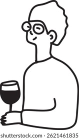 Man Drinking Wine. Line Drawing Doodle	
