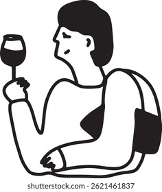 Man Drinking Wine. Line Drawing Doodle	
