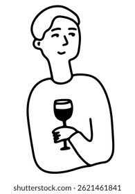 Hombre Bebiendo Vino. Doodle de dibujo de línea	
