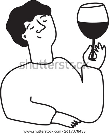 Man Drinking Wine. Line Drawing Doodle