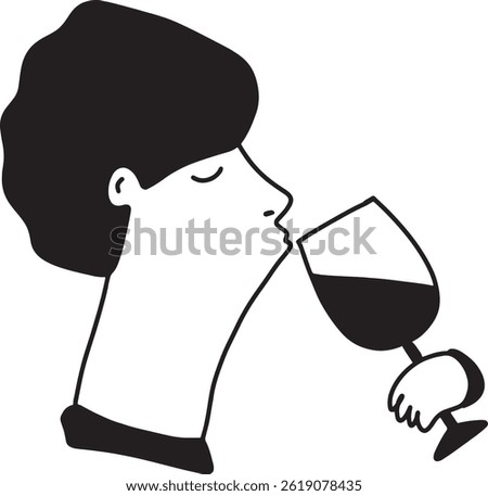 Man Drinking Wine. Line Drawing Doodle