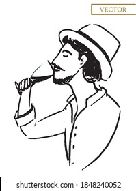 Man drinking wine. Simple line drawing vector illustration. 