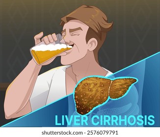 A man drinks beer. Alcohol belly. The harm of alcohol. Liver disease. Cirrhosis of the liver. Social illustration. Healthcare illustration. Vector illustration.