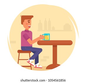 Man drinks beer in a bar. Vector. Cartoon. Isolated Flat