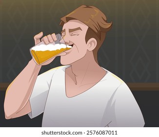 A man drinks beer. Evening relax. Vector illustration. 