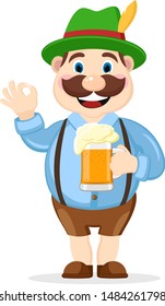 Man drinks a beer and shows a class, a character on a white background. Oktoberfest