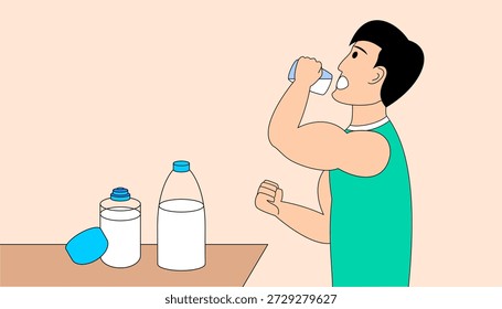 Un hombre bebe de una botella de leche. Hombre después de hacer ejercicio tomando leche