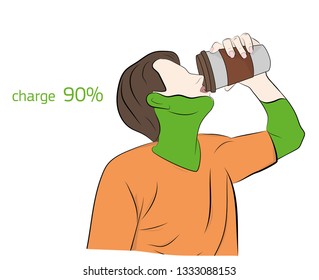 man drinks coffee being charged. charge 90%. vector illustration.